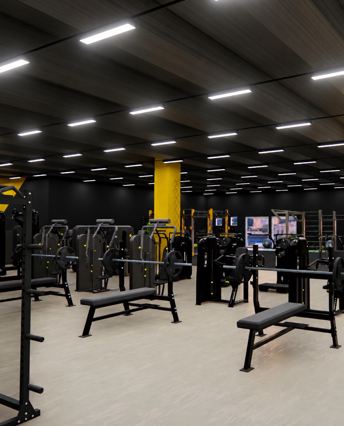 Sala pesi di Athena 2.0 con attrezzature per allenamento e panche